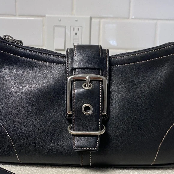 Coach Black Leather Shoulder Bag with Buckle - Picture 2 of 11